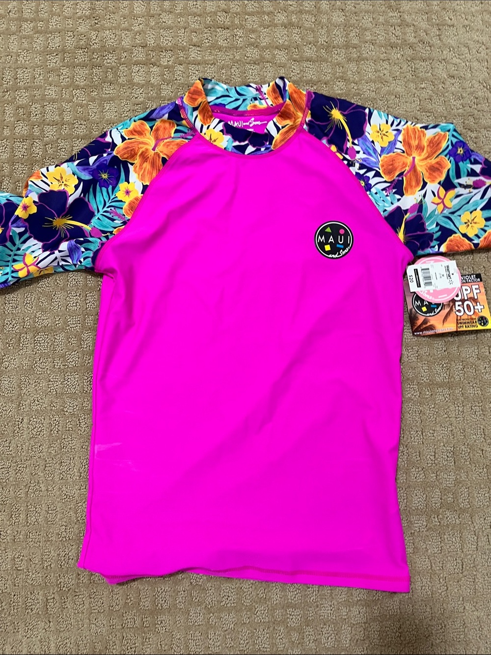 NEW! MAUI & sons Neon Pink Floral Raglan Rash Guard